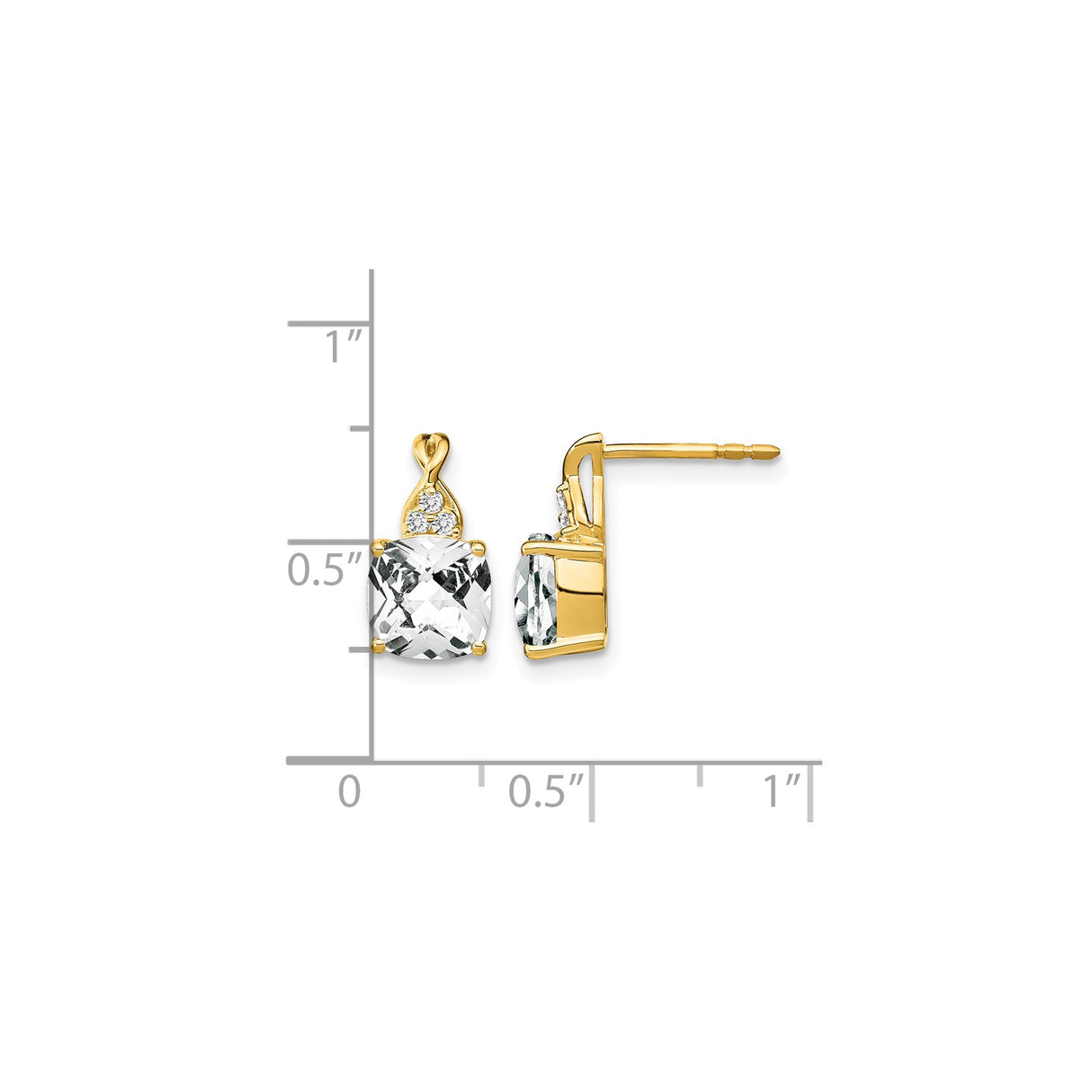 10k Yellow Gold Stud Earrings with Cushion Cut White Topaz and Diamond Accents, Twist Design