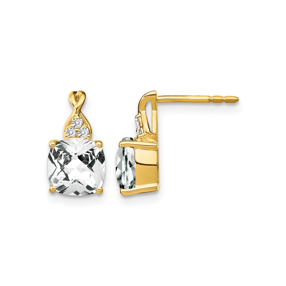 10k Yellow Gold Stud Earrings with Cushion Cut White Topaz and Diamond Accents, Twist Design