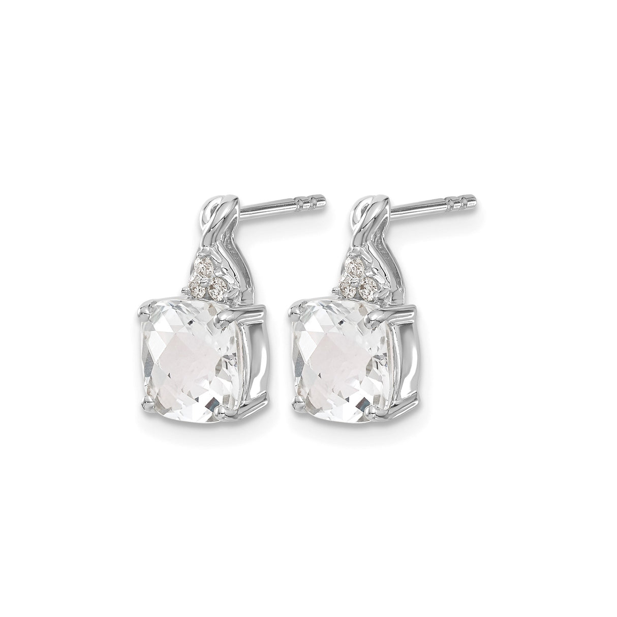 14k White Gold Cushion Cut White Topaz and Diamond Stud Earrings, Teardrop Setting, Polished Finish
