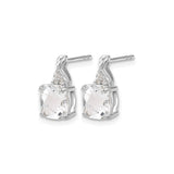 14k White Gold Cushion Cut White Topaz and Diamond Stud Earrings, Teardrop Setting, Polished Finish