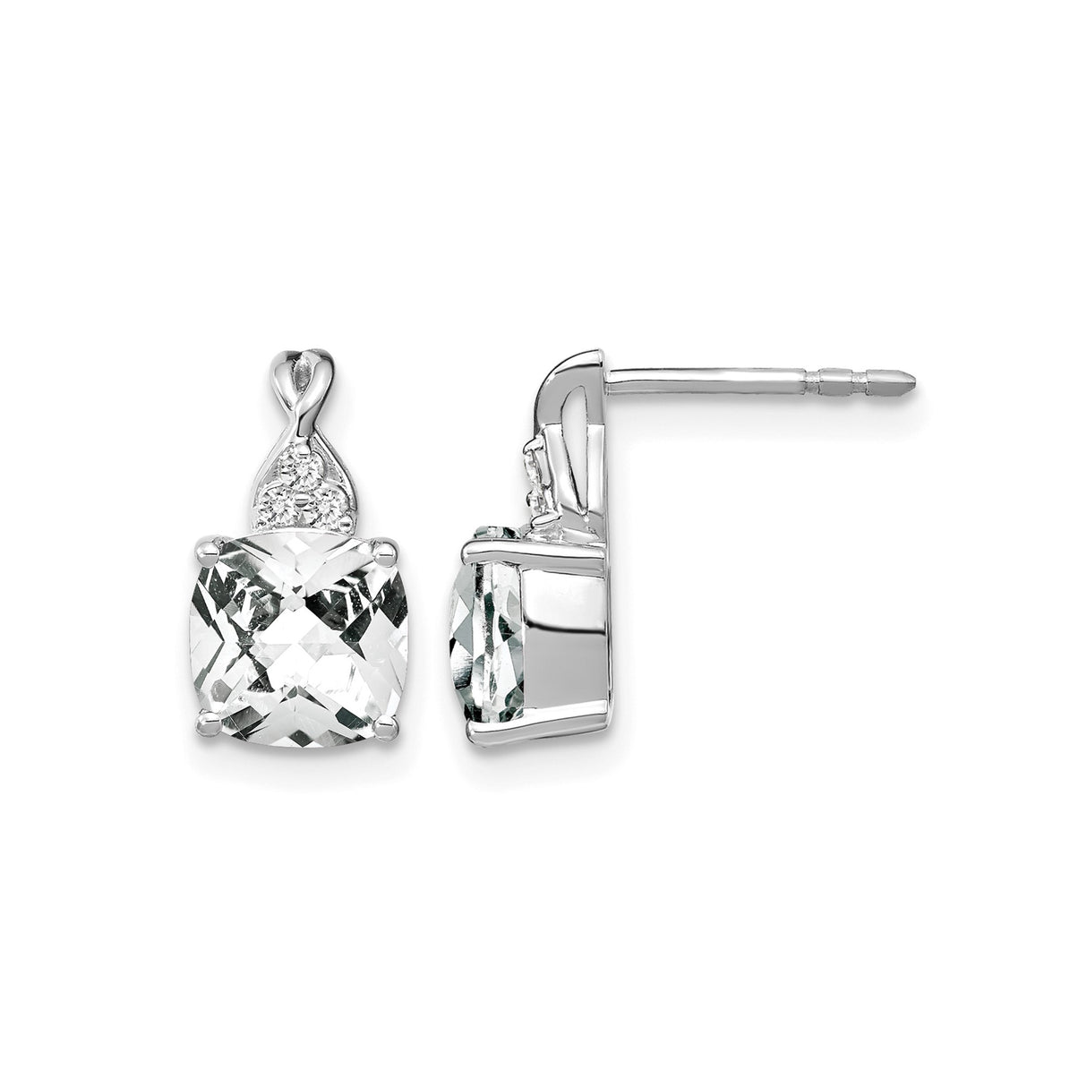 14k White Gold Cushion Cut White Topaz and Diamond Stud Earrings, Teardrop Setting, Polished Finish