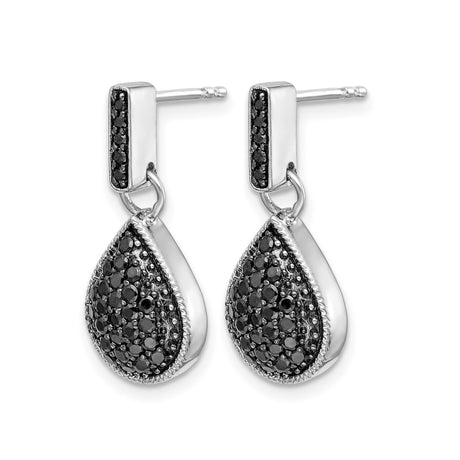 14k White Gold Teardrop Dangle Earrings with Black Diamonds, Modern Drop Design for Women