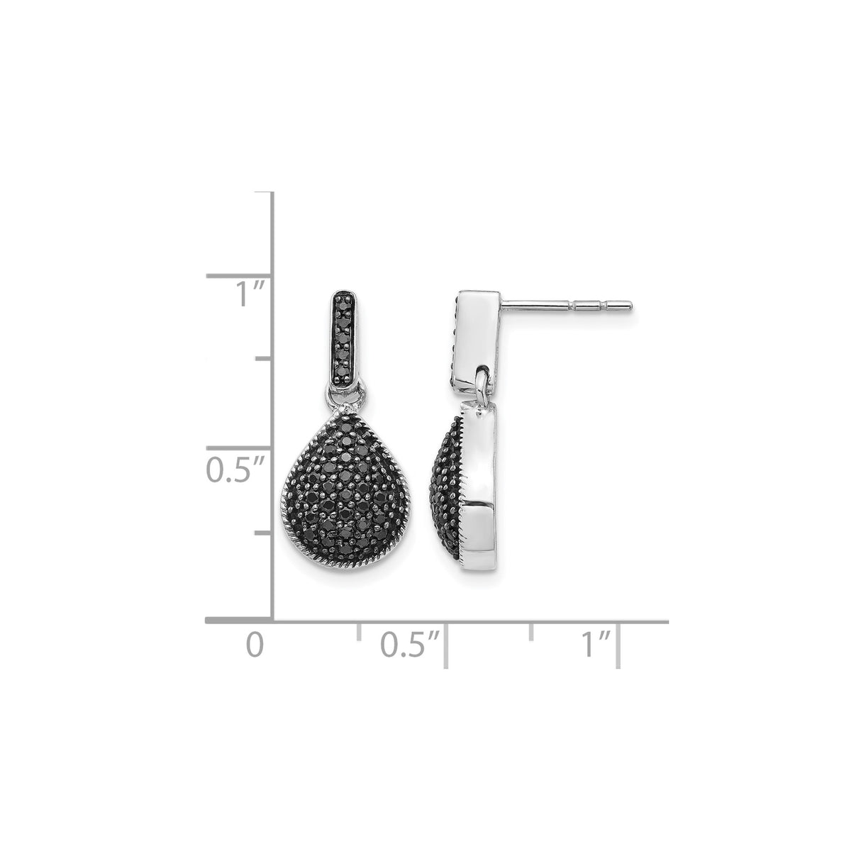 14k White Gold Teardrop Dangle Earrings with Black Diamonds, Modern Drop Design for Women