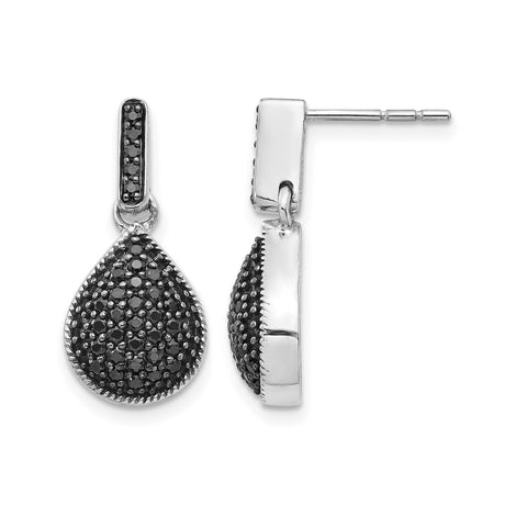 14k White Gold Teardrop Dangle Earrings with Black Diamonds, Modern Drop Design for Women