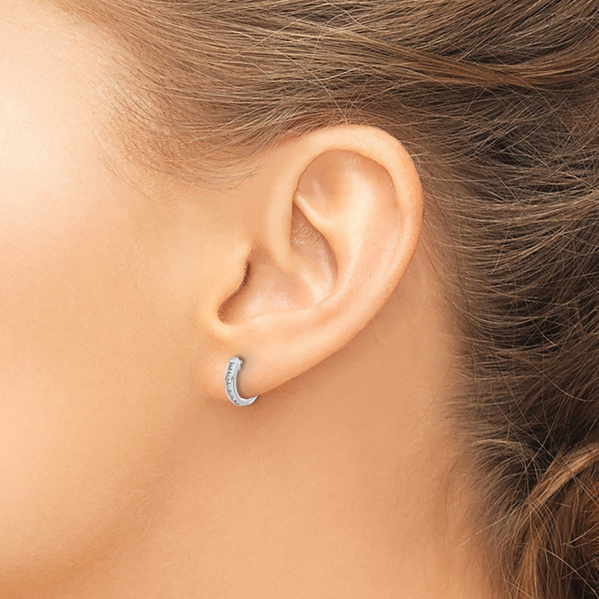 10k White Gold Huggie Hoop Earrings with Channel Set Round Diamonds, Minimalist Design