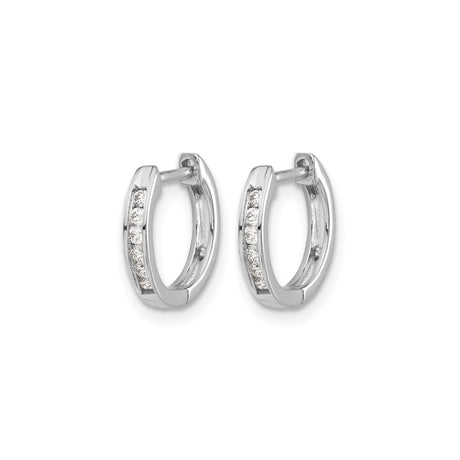 10k White Gold Hoop Earrings with Channel Set Diamonds, Polished Finish, Small Huggie Style