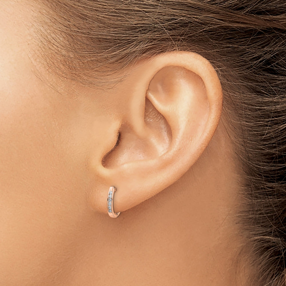 14k Rose Gold Huggie Earrings with Channel Set Diamonds, Minimal Small Hoop Design