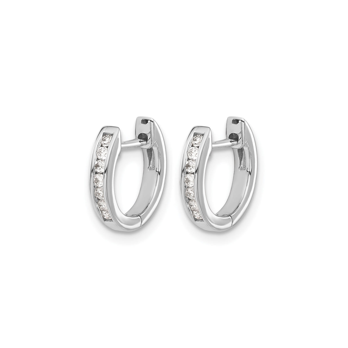 10k White Gold Huggie Hoop Earrings with Channel Set Round Diamonds, Hinged Closure