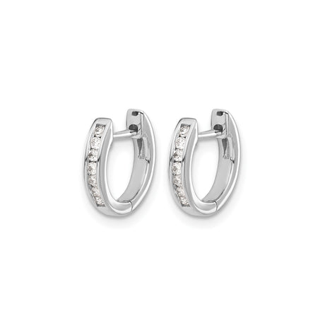10k White Gold Huggie Hoop Earrings with Channel Set Round Diamonds, Hinged Closure