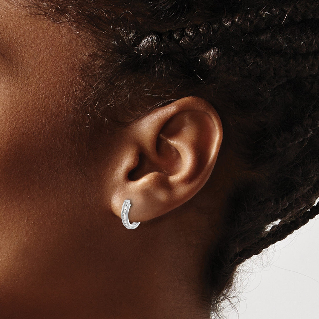 14k White Gold Huggie Hoop Earrings with Channel Set Diamonds, Minimalist Design for Women