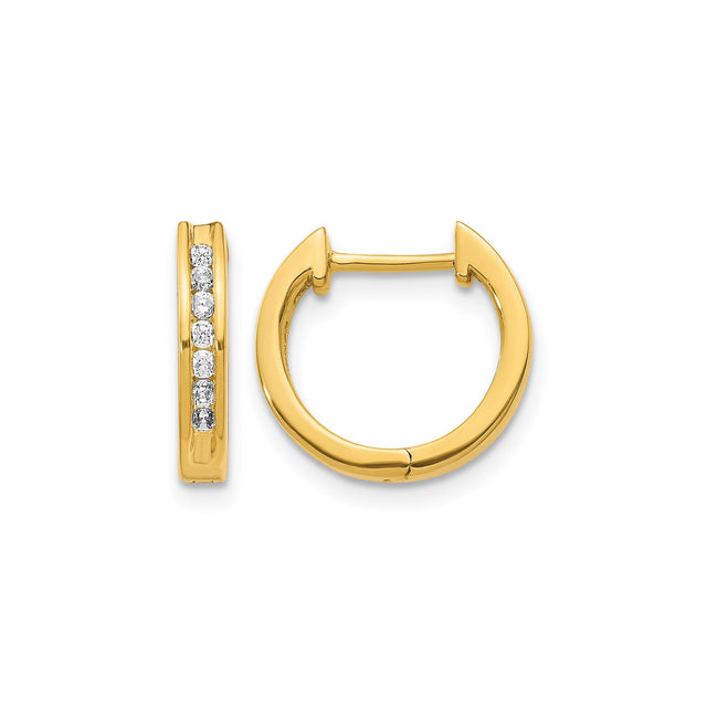 14k Yellow Gold Hoop Earrings with Round Cut Diamonds, Channel Set, Polished Finish