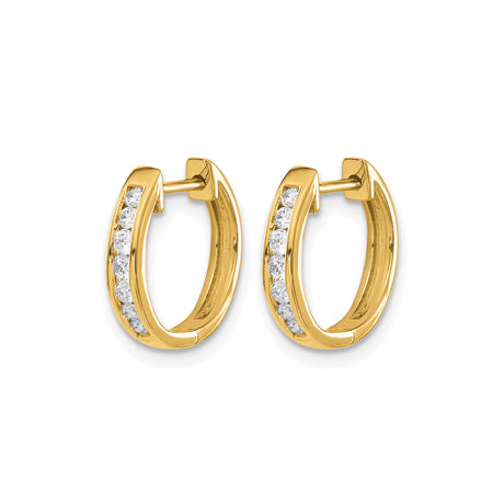 10k Yellow Gold Hoop Earrings with Channel Set Round White Gemstones, Hinged Closure, Lightweight Design