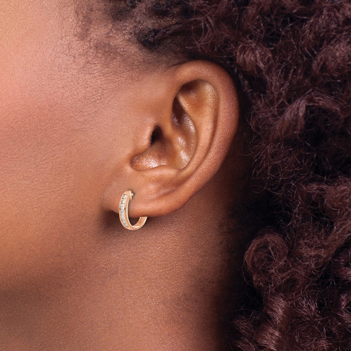 14k Rose Gold Hoop Earrings with Channel Set Round Diamonds, Hinged Huggie Style