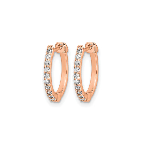 10k Rose Gold Hoop Earrings with Round White Diamonds in Pavé Setting, Hinged Huggie Style