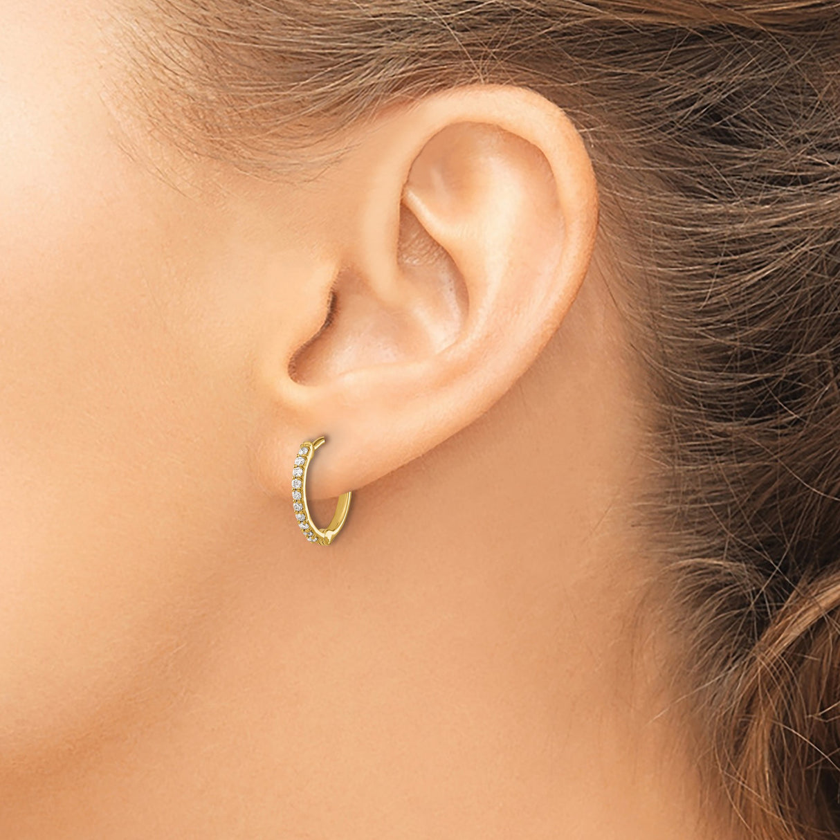 10k Yellow Gold Hoop Earrings with Channel Set Round Cut Diamonds, Classic Lightweight Design