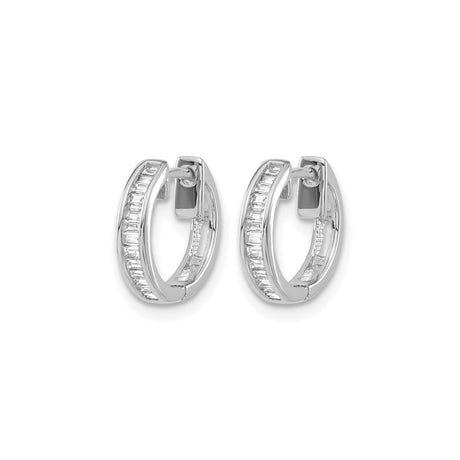 10k White Gold Hoop Earrings with Channel Set Baguette Cut Clear Stones, Small Hinged Design