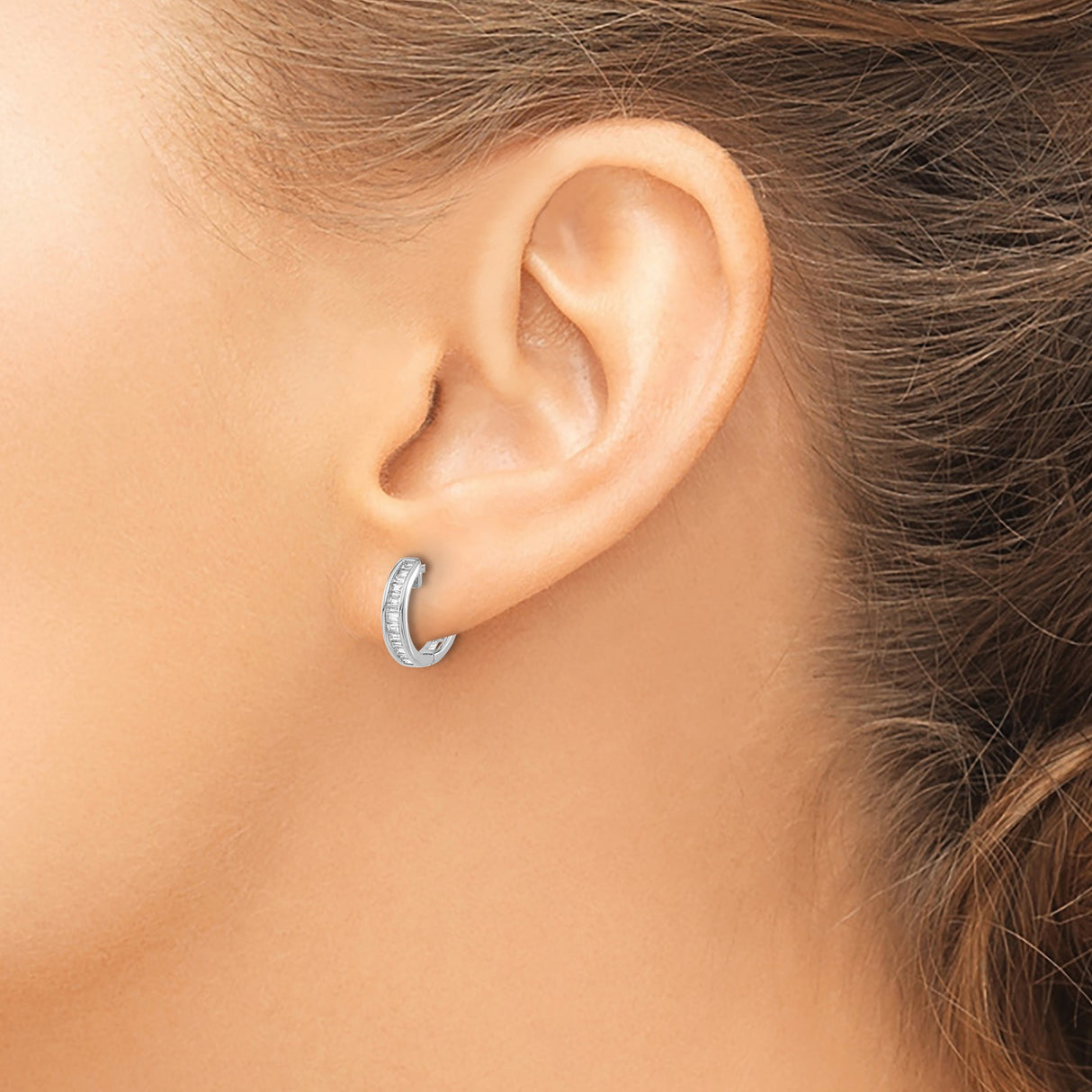 14k White Gold Hoop Earrings with Channel Set Baguette Diamonds, Polished Finish