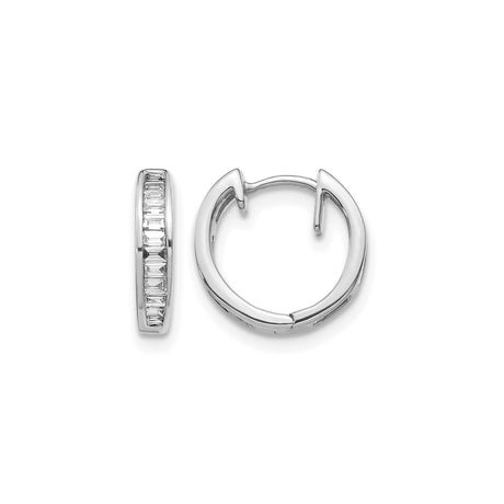 14k White Gold Hoop Earrings with Channel Set Baguette Cubic Zirconia, Polished Finish