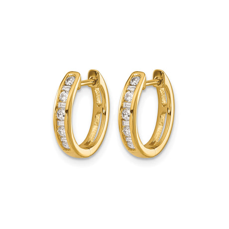 10k Yellow Gold Hoop Earrings with Channel Set Round and Baguette Cut Clear Stones