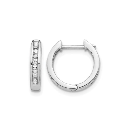 14k White Gold Hoop Earrings with Channel Set Round Diamonds, Polished Finish