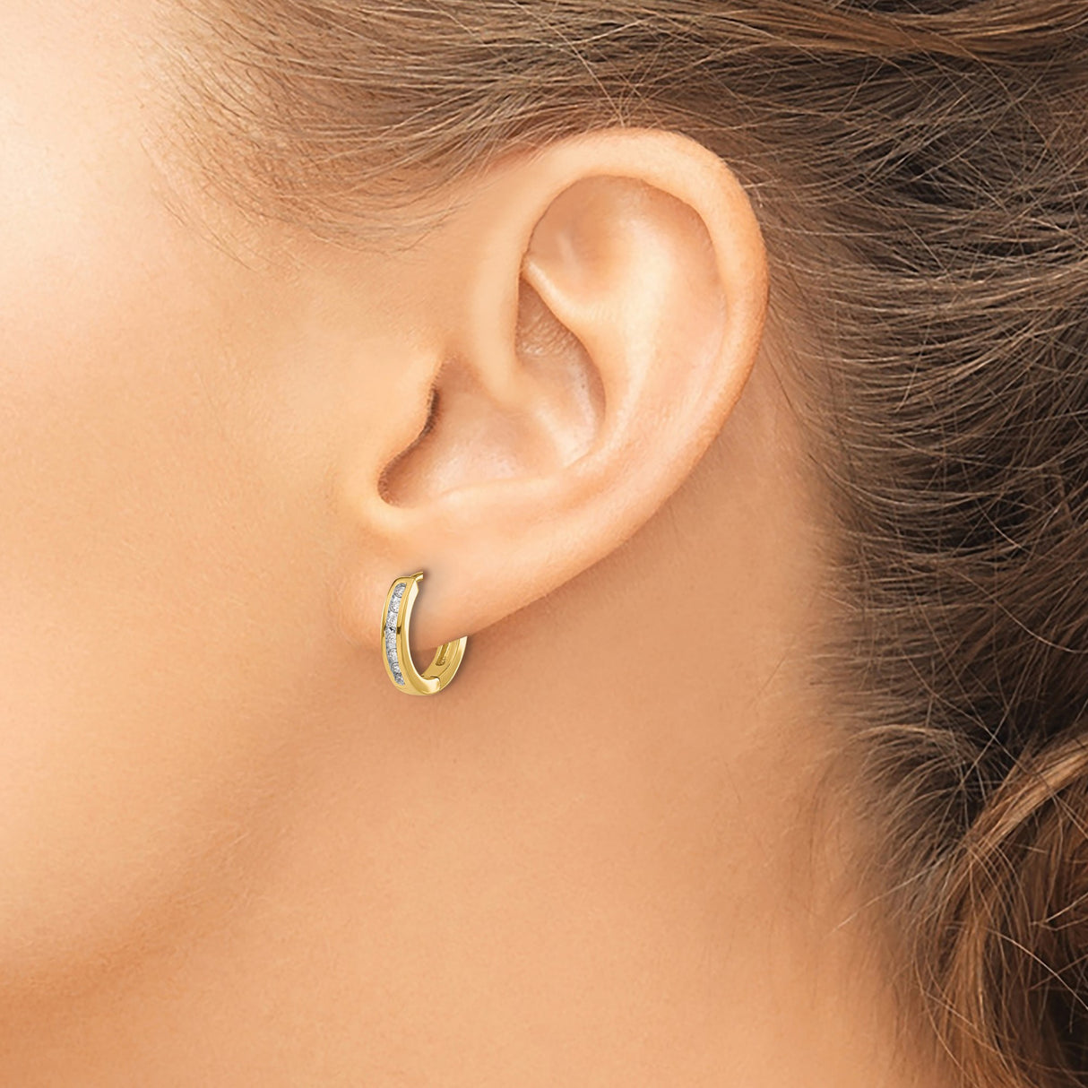 10k Yellow Gold Hoop Earrings with Channel Set Diamonds, Classic Lightweight Design for Women
