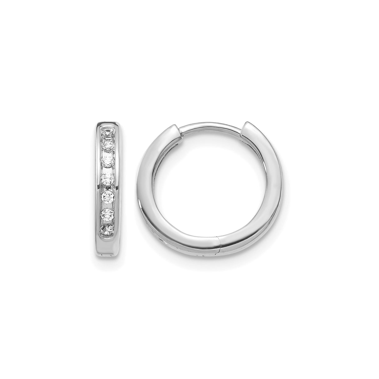 14k White Gold Diamond Huggie Hoop Earrings, Channel Set Round Cut, Small Lightweight Design