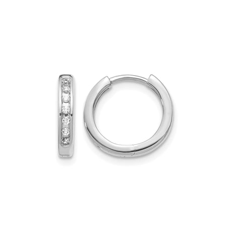 14k White Gold Diamond Huggie Hoop Earrings, Channel Set Round Cut, Small Lightweight Design