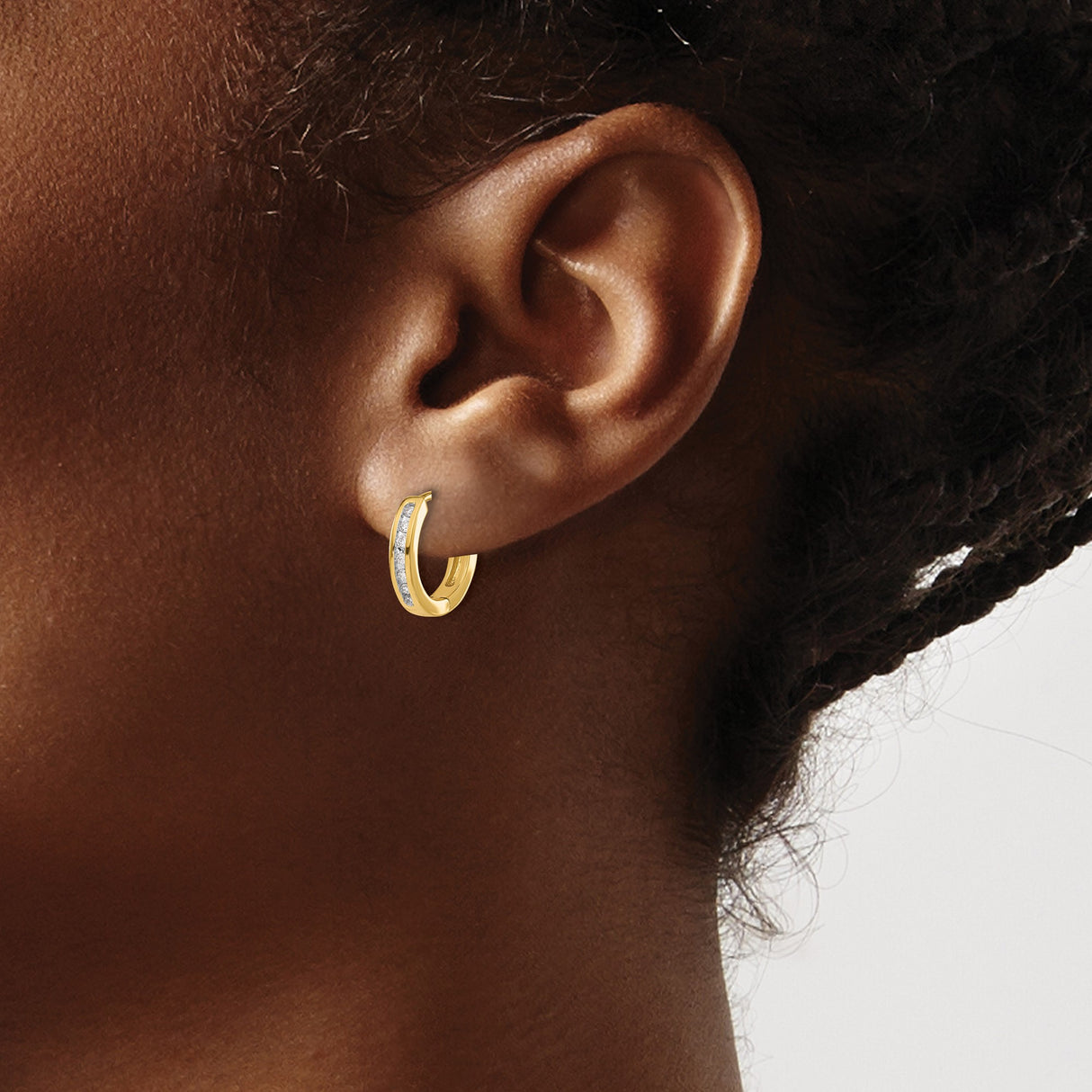 14k Yellow Gold Hoop Earrings with Channel-Set Diamonds, Polished Lightweight Design for Women
