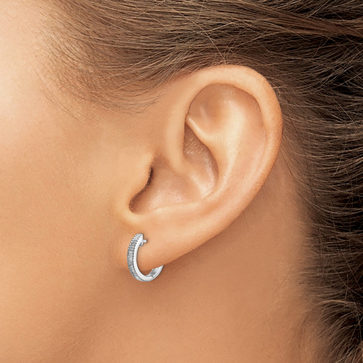 14k White Gold Hoop Earrings with Round Cut Diamonds in Channel Setting