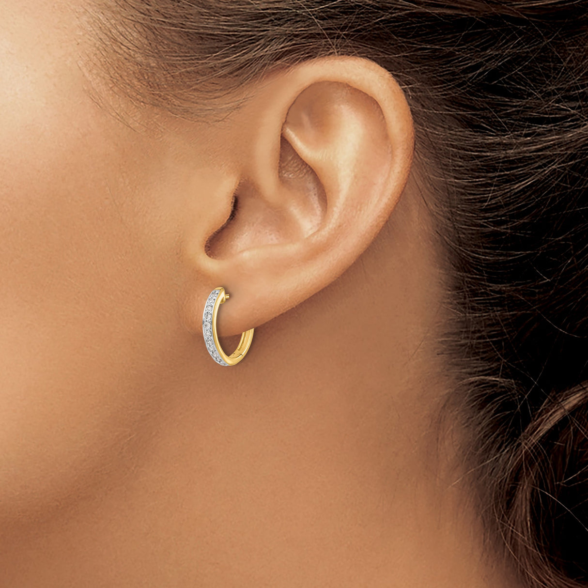 14k Yellow Gold Hoop Earrings with Channel Set Round Diamonds, Classic Lightweight Style for Women