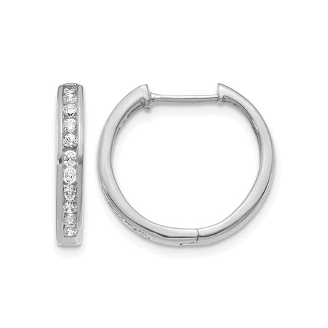 10k White Gold Huggie Earrings with Channel Set Round Cut Diamonds, Small Hoop Design