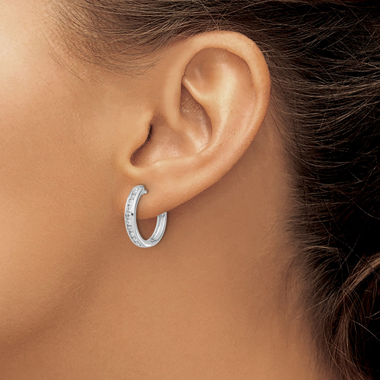 14k White Gold Diamond Hoop Earrings with Channel Set Round Cut Diamonds