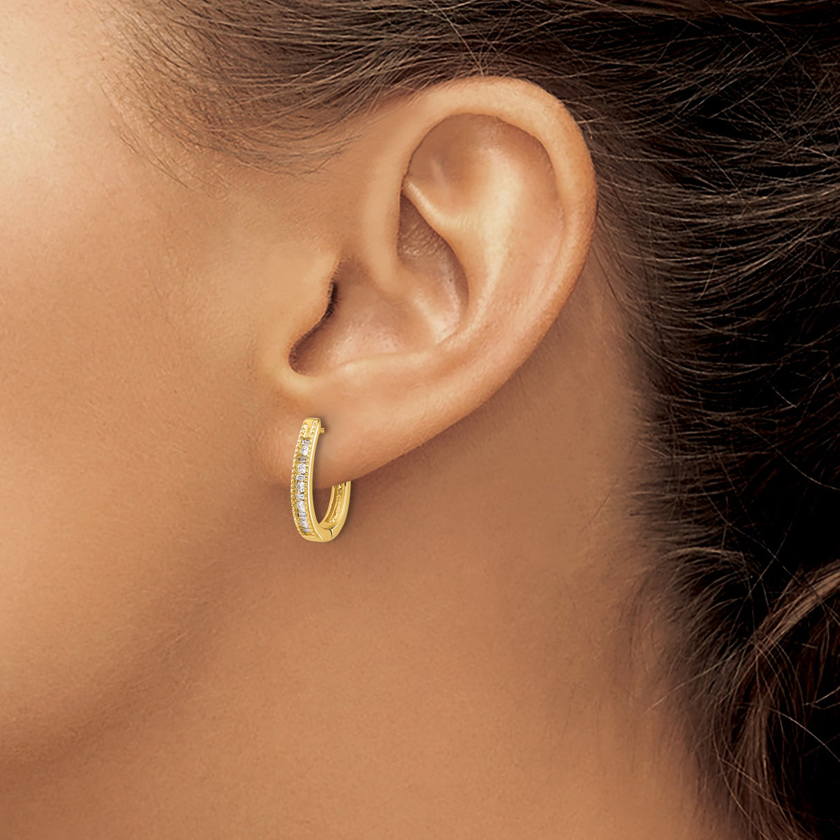 10k Yellow Gold Huggie Hoop Earrings with Baguette and Round Cubic Zirconia, Modern Lightweight Design
