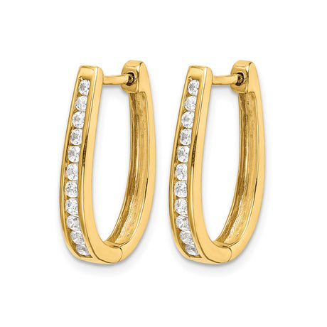 14k Yellow Gold Hoop Earrings with Channel Set Round Diamonds, Elongated Oval Design