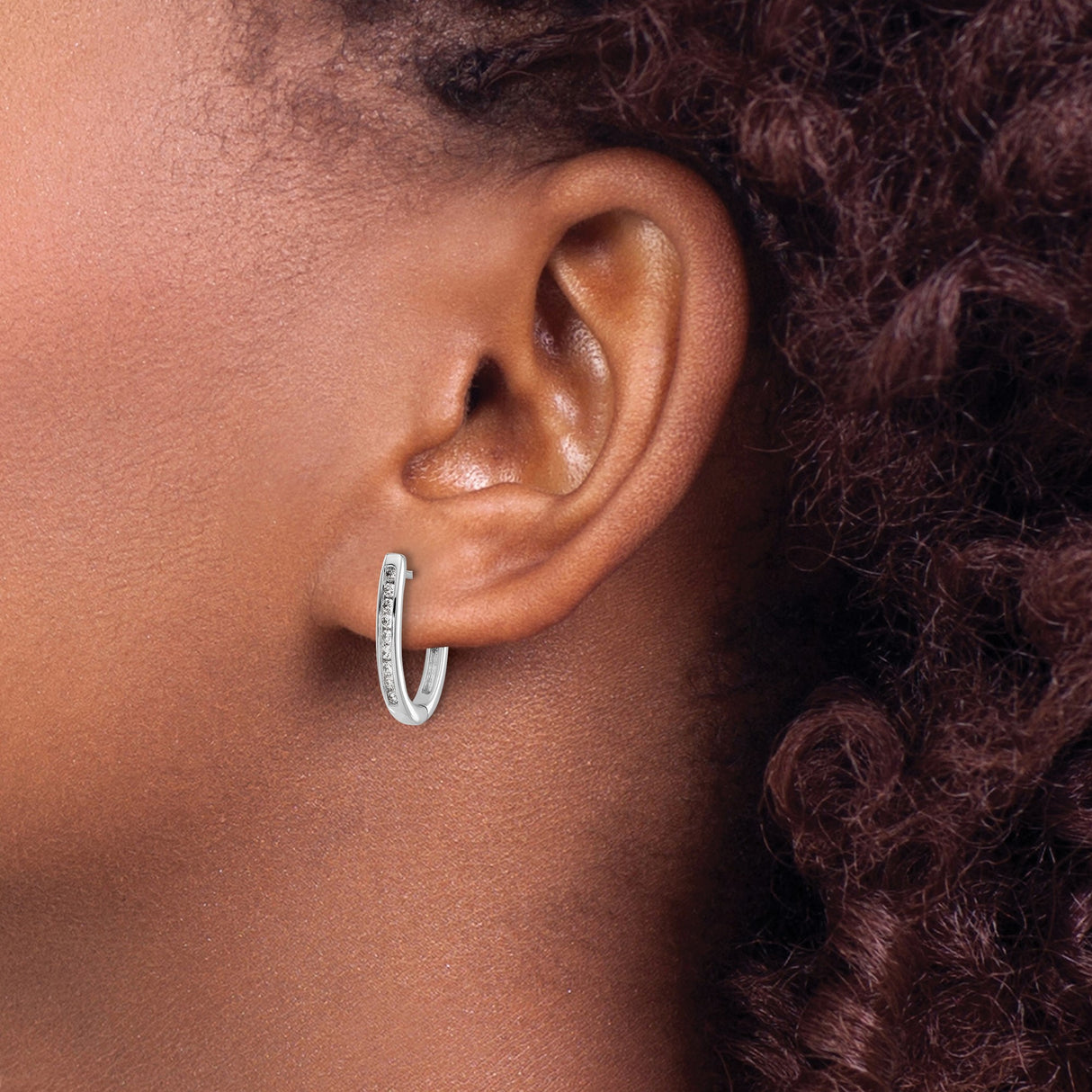 10k White Gold Oval Hoop Earrings with Channel-Set Diamonds, Lightweight Hinged Design