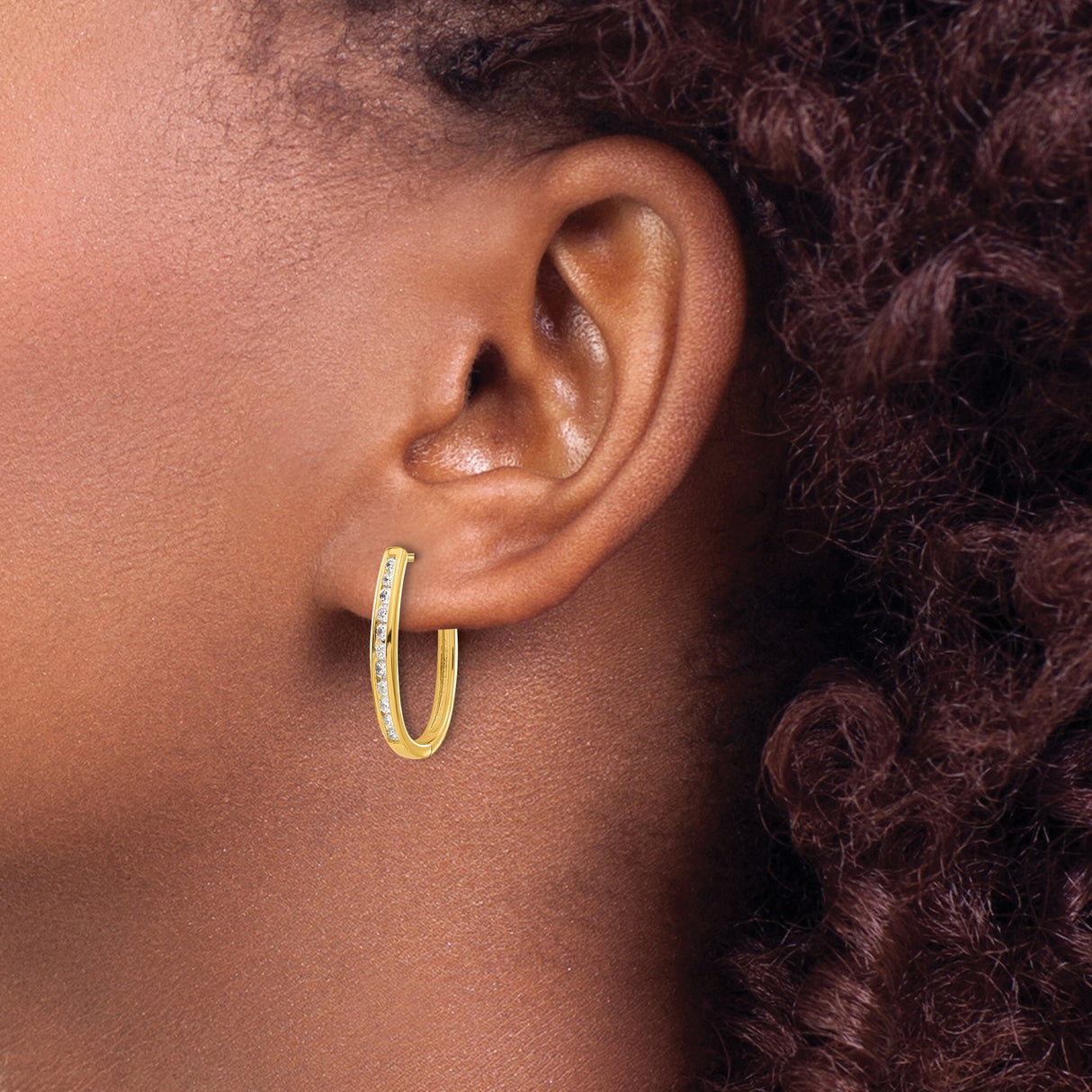 10k Yellow Gold Oval Hoop Earrings with Round Cut White Cubic Zirconia Accents