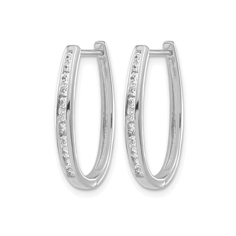 14k White Gold Hoop Earrings with Round Cut Diamonds, Inside-Out Curved Oval Design