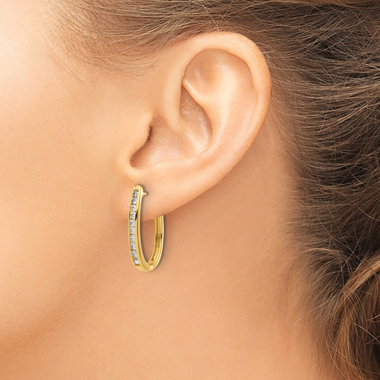 10k Yellow Gold Hoop Earrings with Round Cut White Gemstones, Sleek Hinged Oval Design
