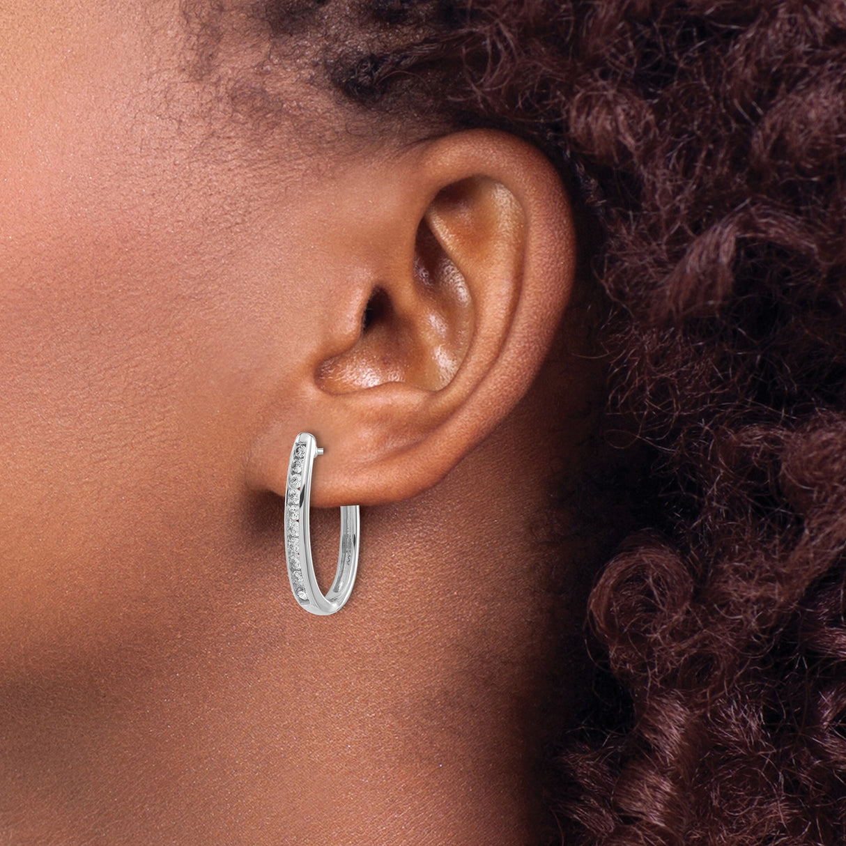14k White Gold Hoop Earrings with Channel Set Round Diamonds, Elongated Oval Design