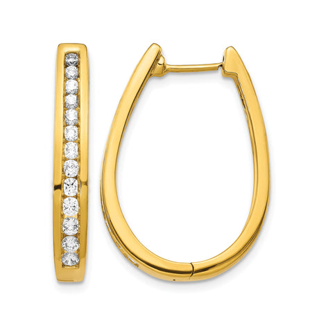 14k Yellow Gold Oval Hoop Earrings with Channel Set Cubic Zirconia, Polished Finish, Hinged Clasp