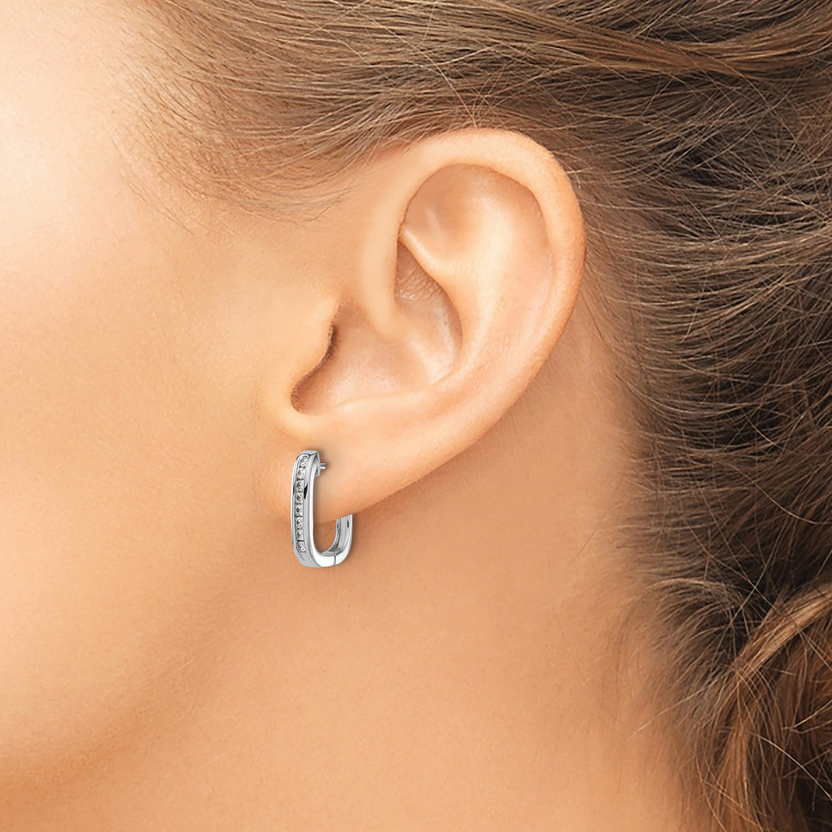 14k White Gold Huggie Hoop Earrings with Channel Set Diamonds, Square Minimalist Design