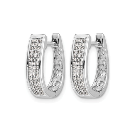 14k White Gold Hoop Earrings with Round Cut Pavé Diamonds, Rectangular Huggie Style