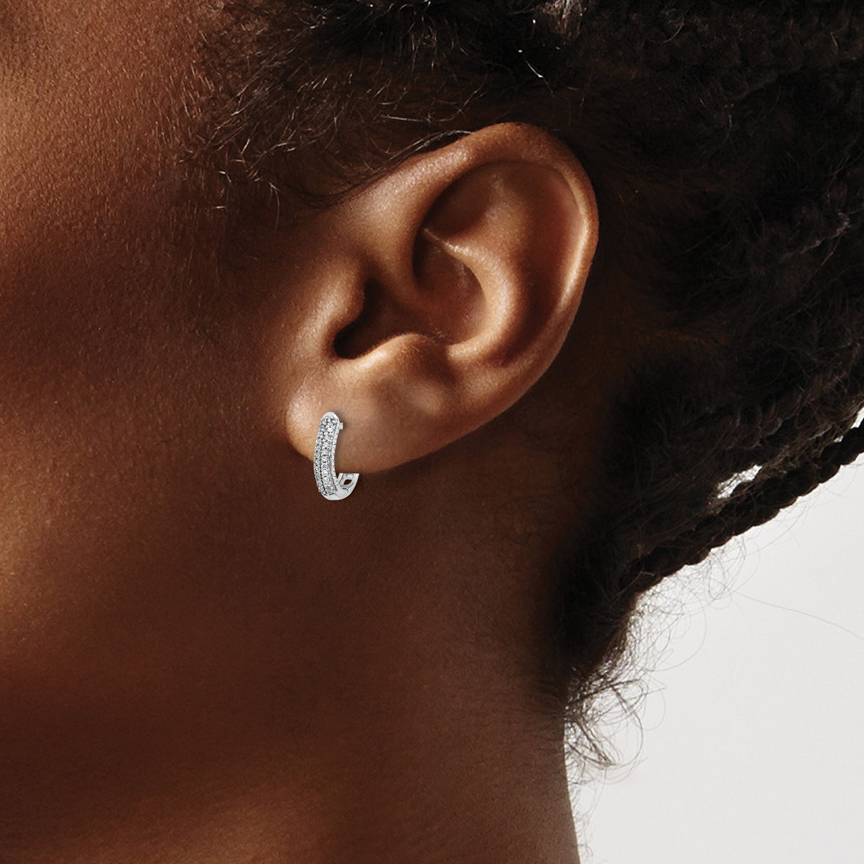 14k White Gold Huggie Hoop Earrings with Triple Row Pavé Set Round Diamonds