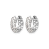 10k White Gold Huggie Earrings with Pave Round Cut Diamonds, Hinged Hoop Design