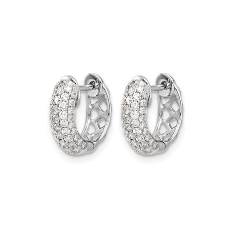 10k White Gold Huggie Earrings with Pave Round Cut Diamonds, Hinged Hoop Design