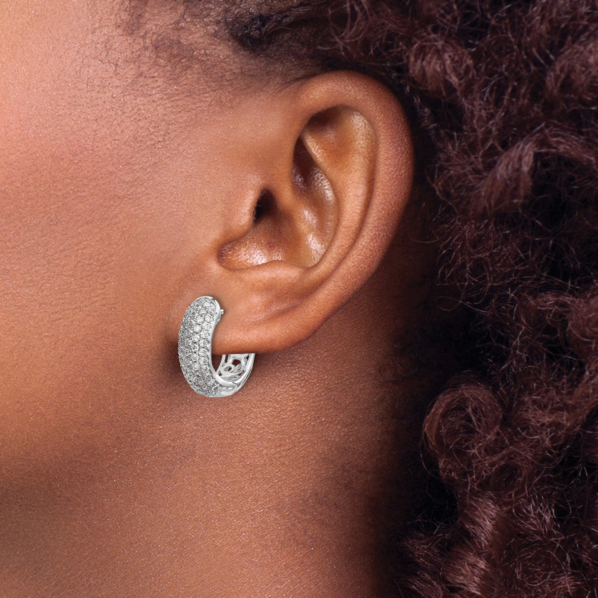 14k White Gold Hoop Earrings with Pavé-Set Round Diamonds, Wide Huggie Style for Women