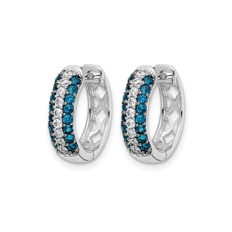 14k White Gold Hoop Earrings with Blue and White Diamonds, Triple Row Hinged Design