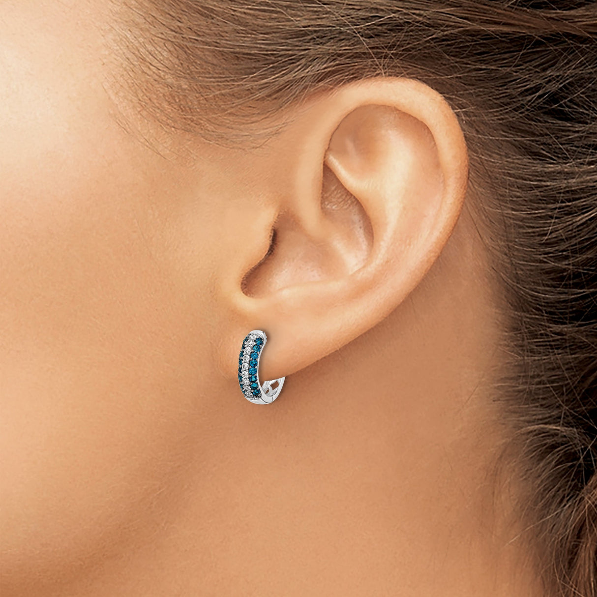 14k White Gold Hoop Earrings with Blue and White Diamonds, Triple Row Hinged Design