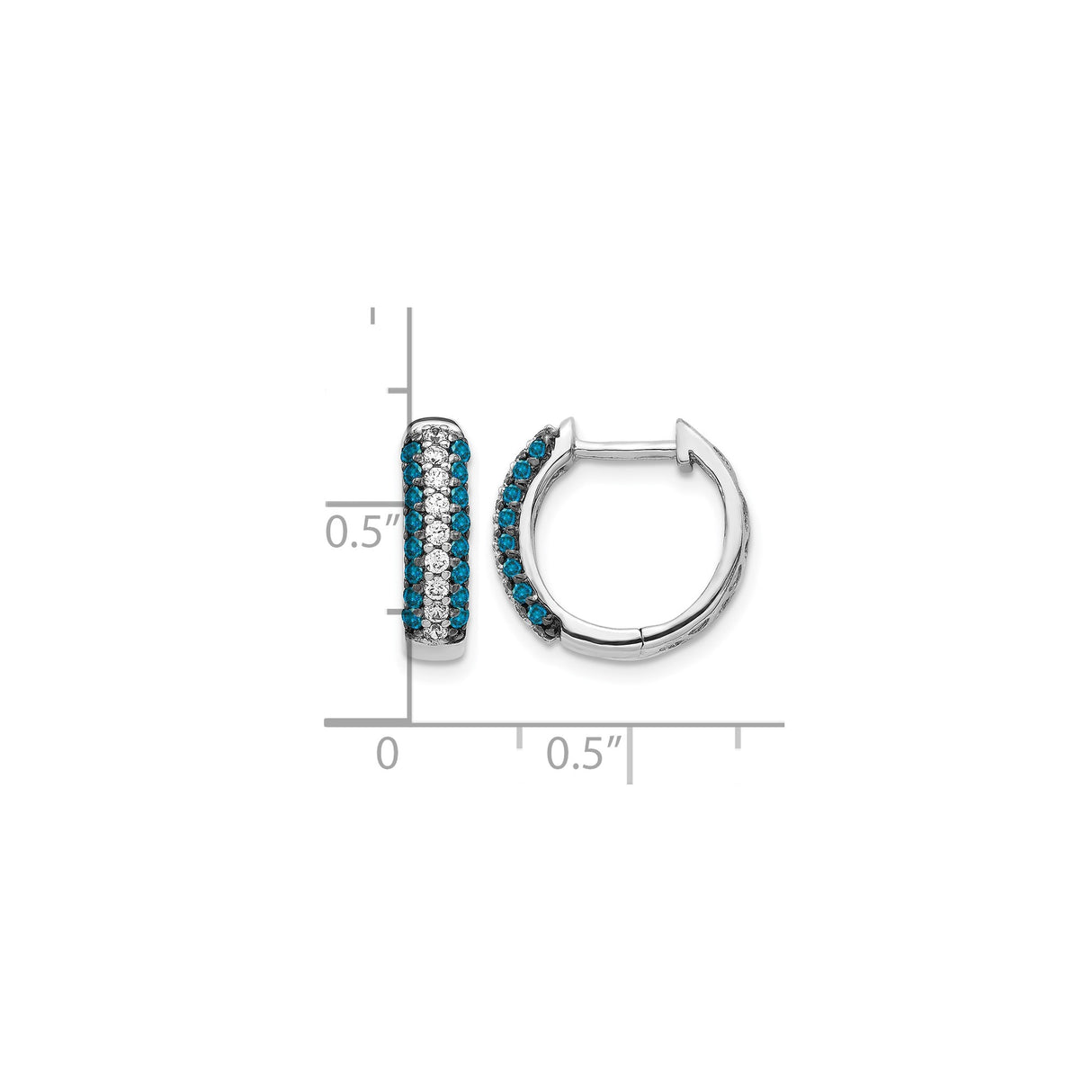 14k White Gold Hoop Earrings with Blue and White Diamonds, Triple Row Hinged Design