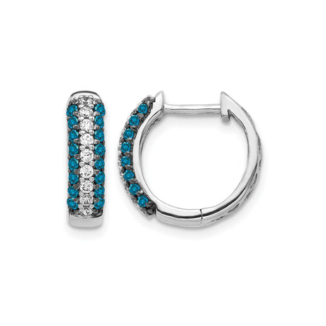 14k White Gold Hoop Earrings with Blue and White Diamonds, Triple Row Hinged Design